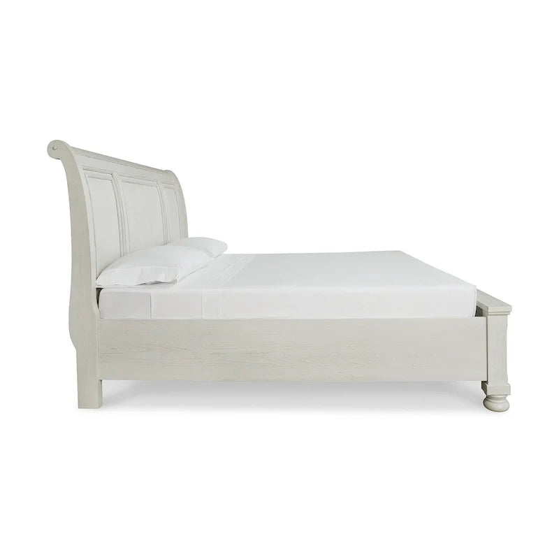 Antique White Sleigh Bed with Storage Footboard – Fits 2, Queen/King/Cal King