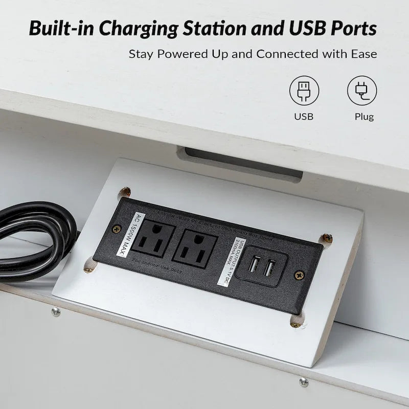 2-Drawer Nightstand with Built-In Charging Station and Pull-Out Tray