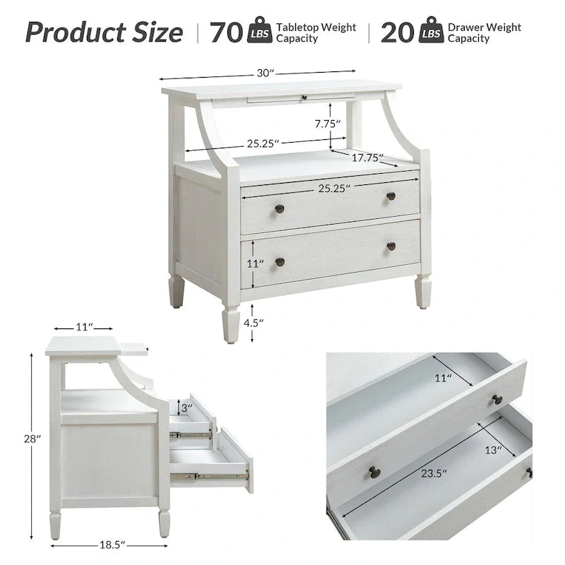 2-Drawer Nightstand with Built-In Charging Station and Pull-Out Tray