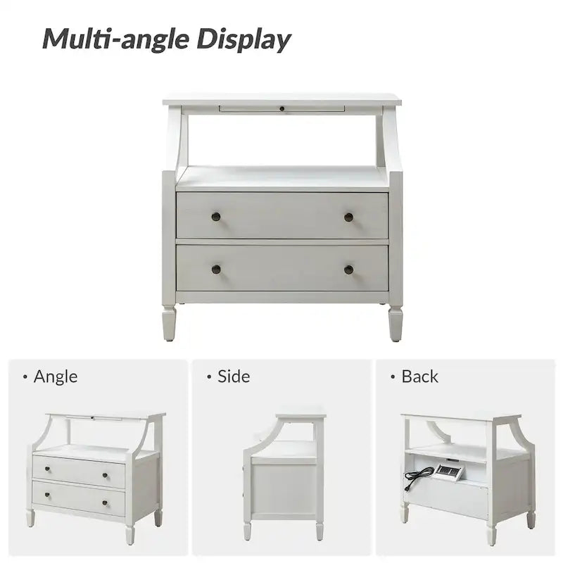 2-Drawer Nightstand with Built-In Charging Station and Pull-Out Tray