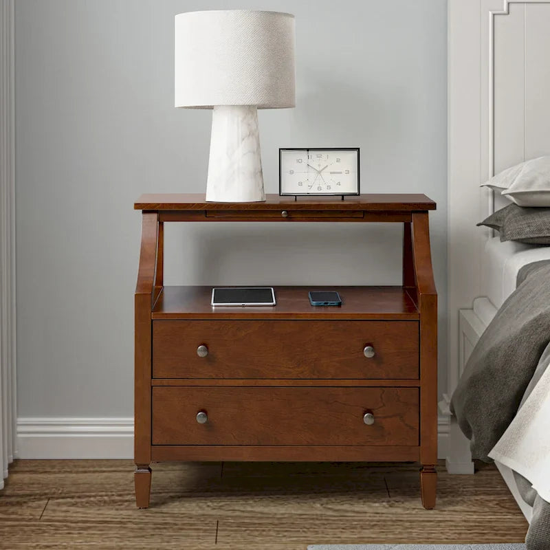 2-Drawer Nightstand with Built-In Charging Station and Pull-Out Tray