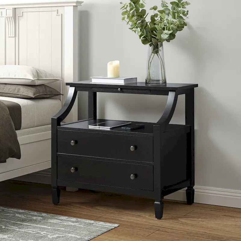 2-Drawer Nightstand with Built-In Charging Station and Pull-Out Tray