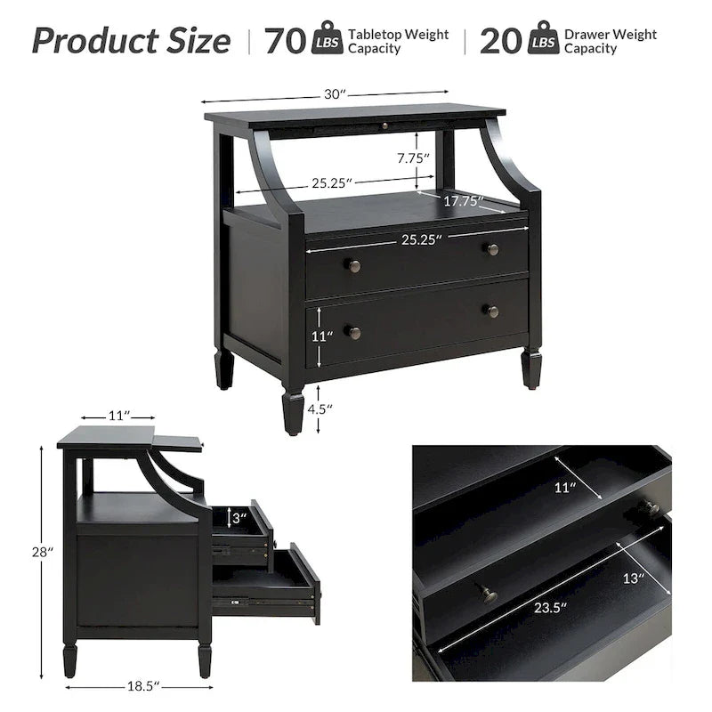 2-Drawer Nightstand with Built-In Charging Station and Pull-Out Tray
