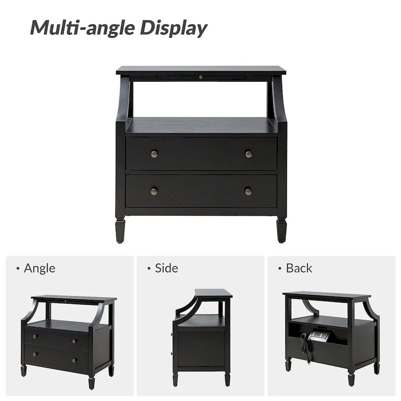 2-Drawer Nightstand with Built-In Charging Station and Pull-Out Tray