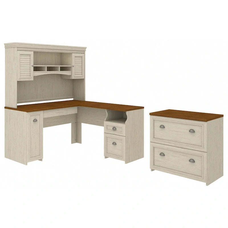 L-Shaped Desk with Hutch and File Cabinet - 60 Wide