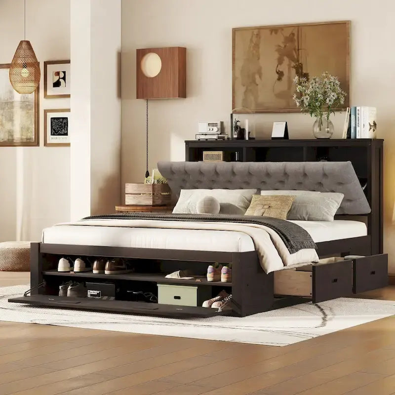 Queen Platform Bed - Espresso - Storage Headboard with 4 Drawers