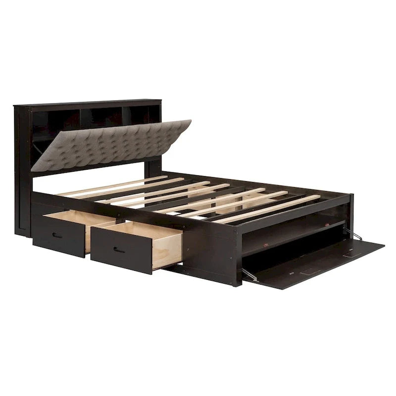 Espresso Queen Platform Bed with Storage, 4 Drawers & Shoe Rack – Seats 1