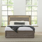 King Panel Bed, Gray, Floating Headboard with LED Lights