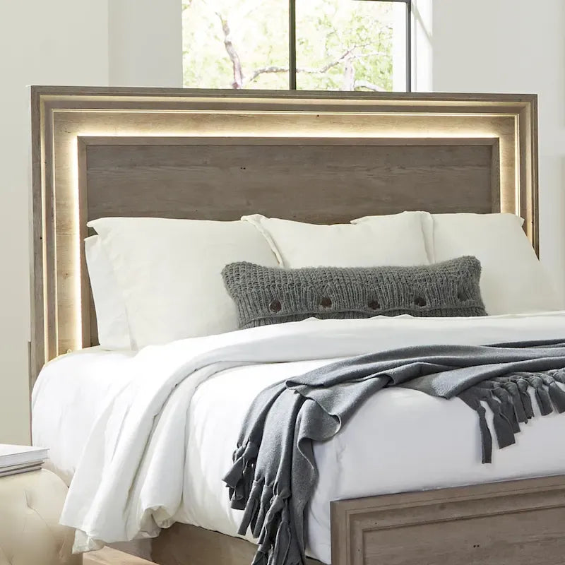 King Panel Bed, Gray, Floating Headboard with LED Lights