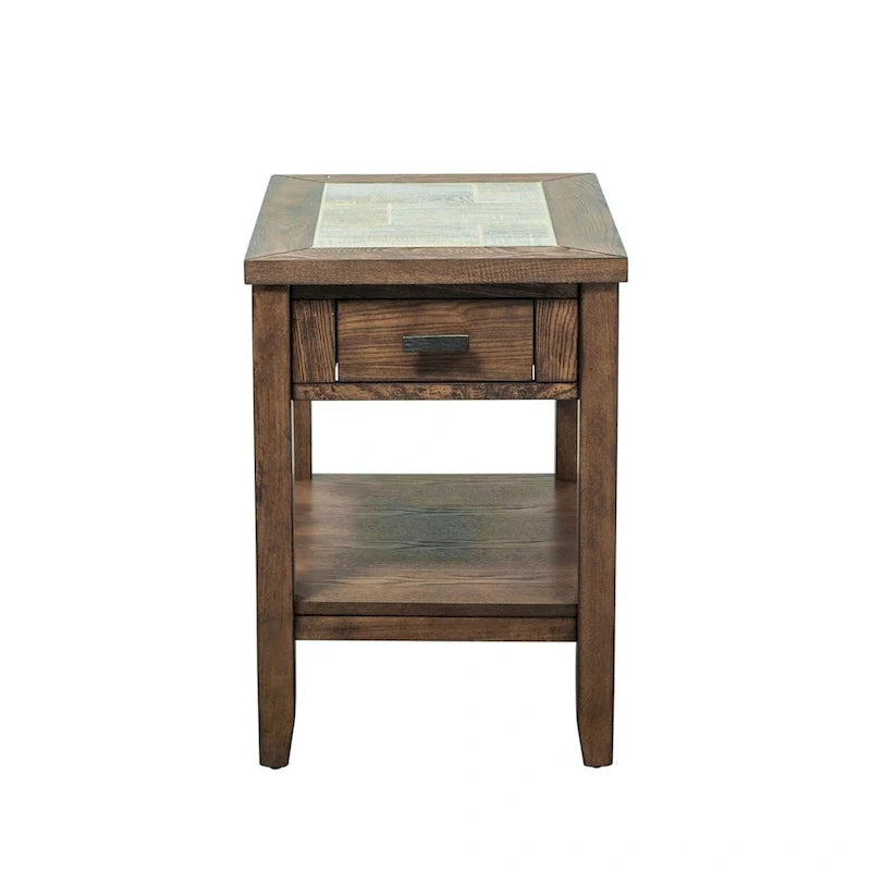Tobacco Brown Chair Side Table with Ceramic Tile Top