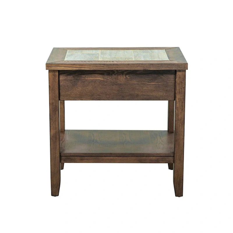 Tobacco Brown Chair Side Table with Ceramic Tile Top