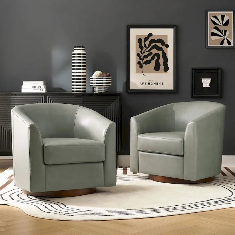 Brown Genuine Leather Swivel Barrel Chairs - Set of 2