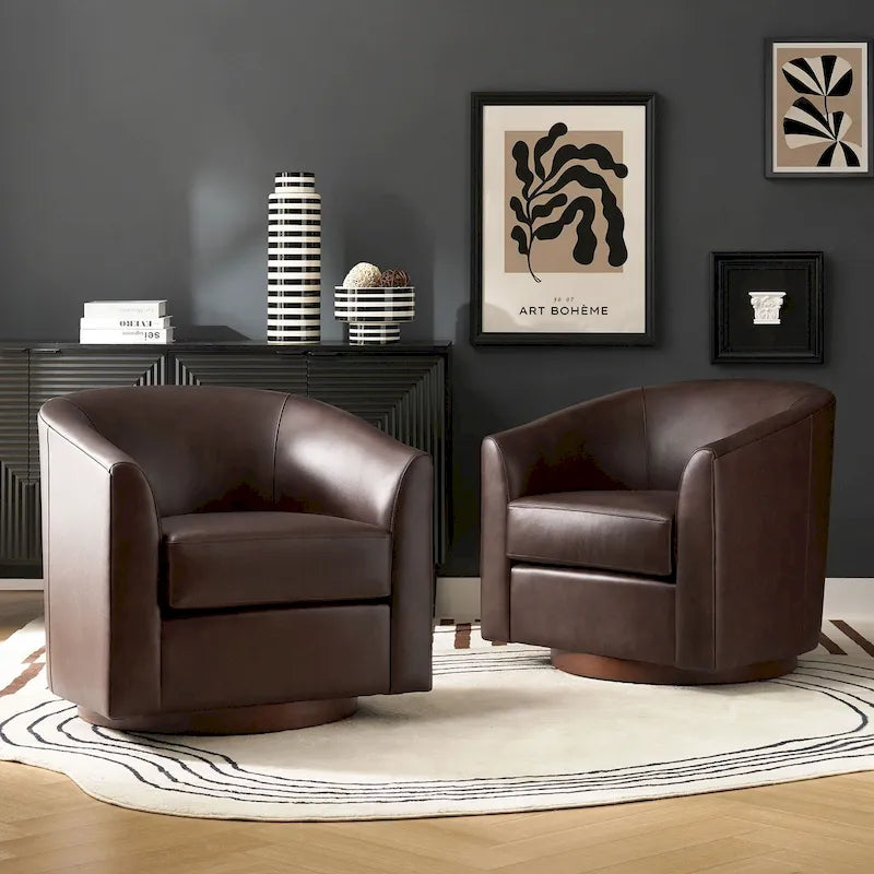 Brown Genuine Leather Swivel Barrel Chairs - Set of 2
