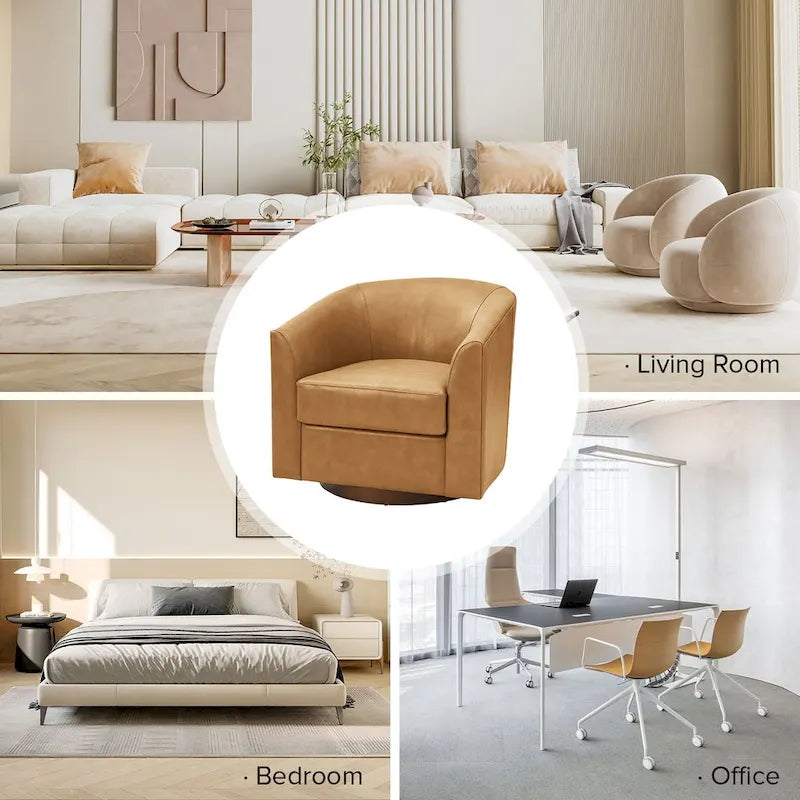 Brown Genuine Leather Swivel Barrel Chairs - Set of 2