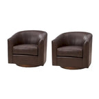 Brown Genuine Leather Swivel Barrel Chairs - Set of 2