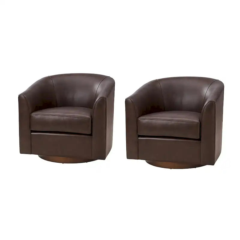 Brown Genuine Leather Swivel Barrel Chairs - Set of 2