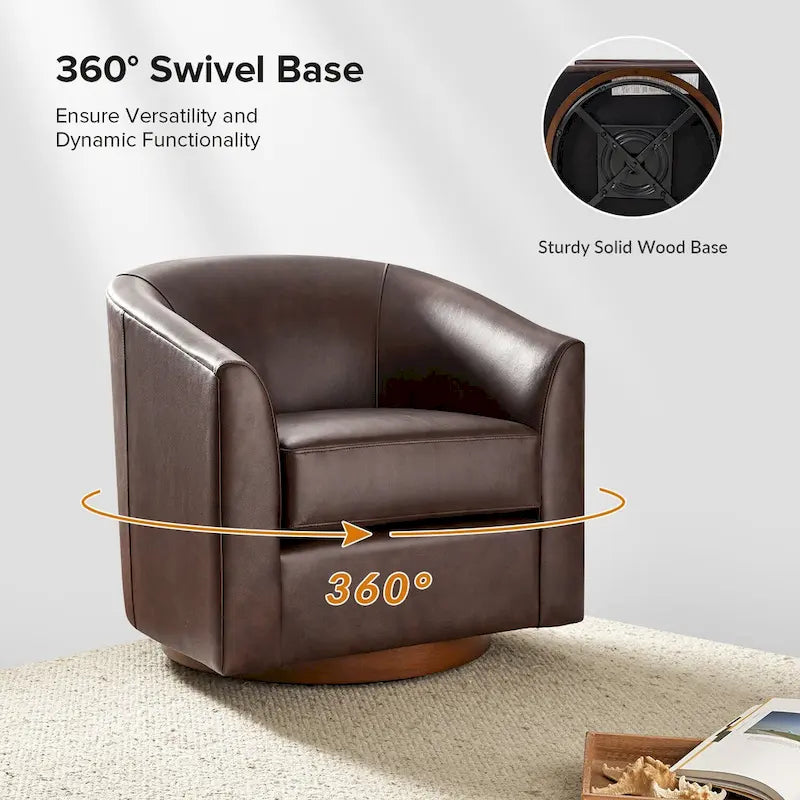 Brown Genuine Leather Swivel Barrel Chairs - Set of 2