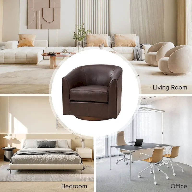 Brown Genuine Leather Swivel Barrel Chairs - Set of 2
