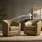 Brown Genuine Leather Swivel Barrel Chairs - Set of 2