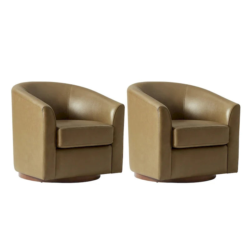 Brown Genuine Leather Swivel Barrel Chairs - Set of 2