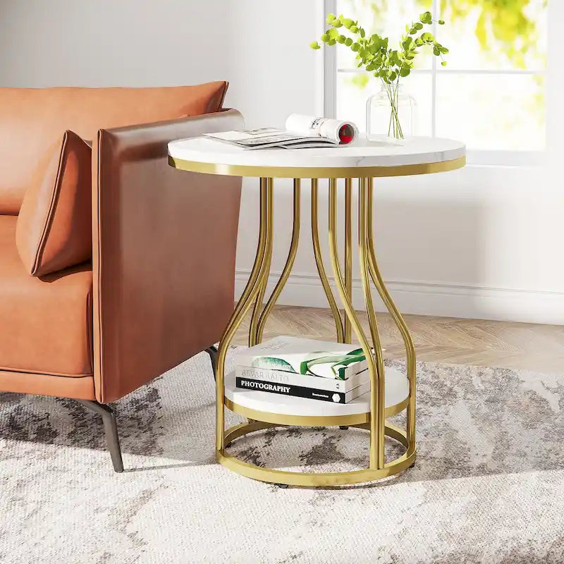 White and Gold 2-Tier Round Side Table