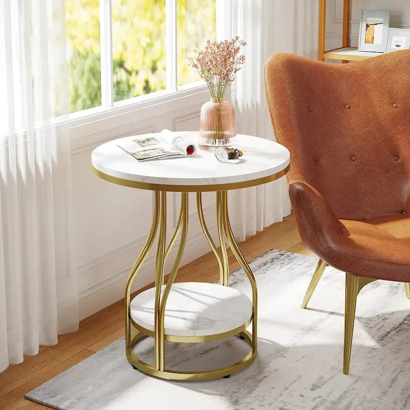 White and Gold 2-Tier Round Side Table