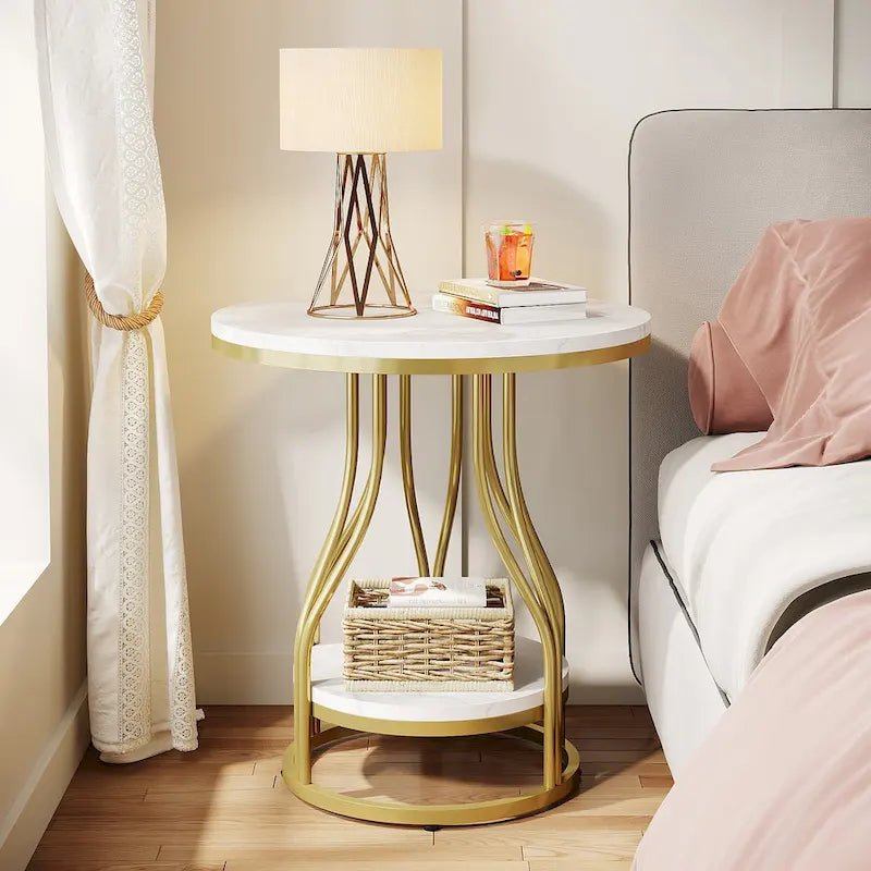 White and Gold 2-Tier Round Side Table