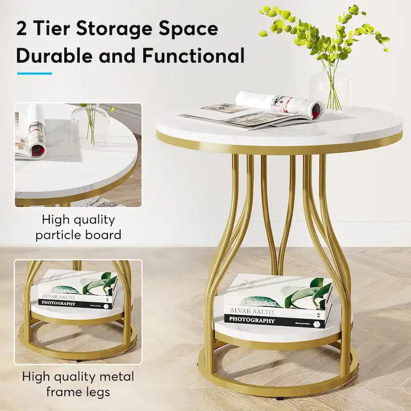 White and Gold 2-Tier Round Side Table