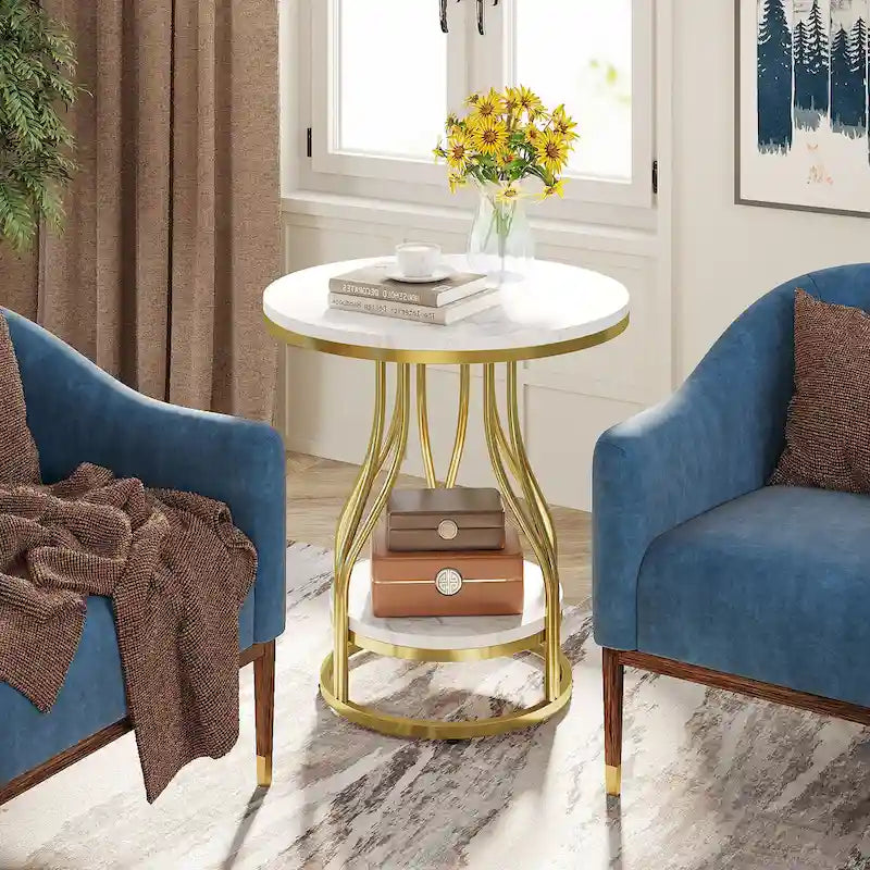 White and Gold 2-Tier Round Side Table