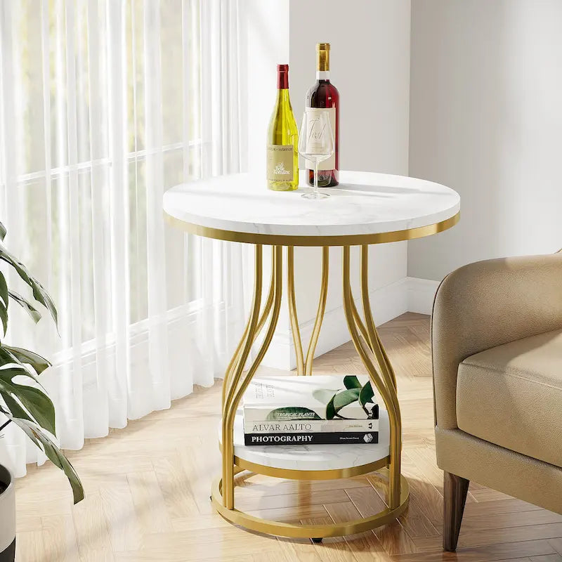 White and Gold 2-Tier Round Side Table