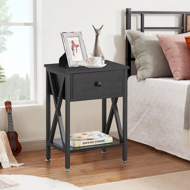 Brown Wood Nightstand with Drawer and Metal Legs
