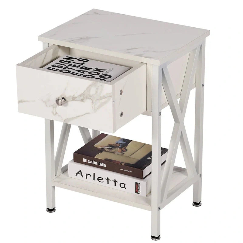 Brown Wood Nightstand with Drawer and Metal Legs