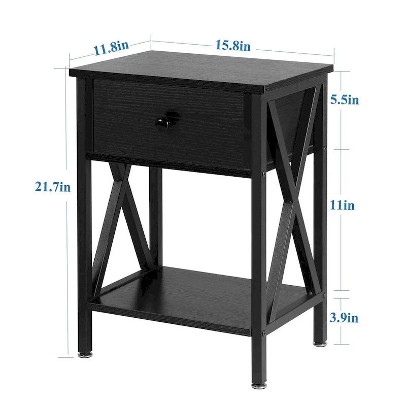 Brown Wood Nightstand with Drawer and Metal Legs
