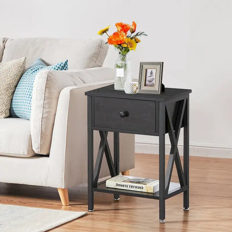 Brown Wood Nightstand with Drawer and Metal Legs