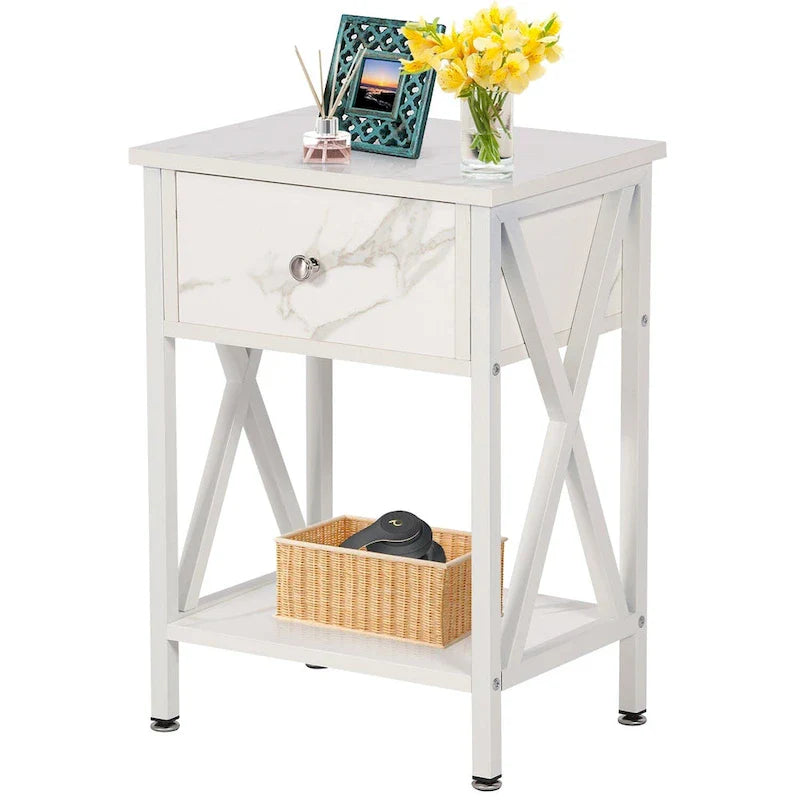 Brown Wood Nightstand with Drawer and Metal Legs