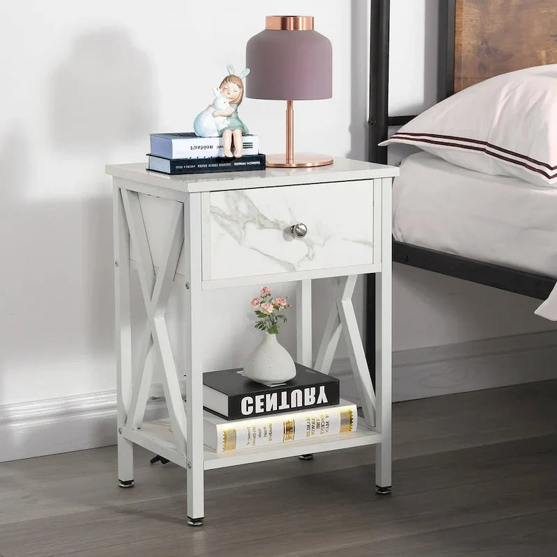 Brown Wood Nightstand with Drawer and Metal Legs