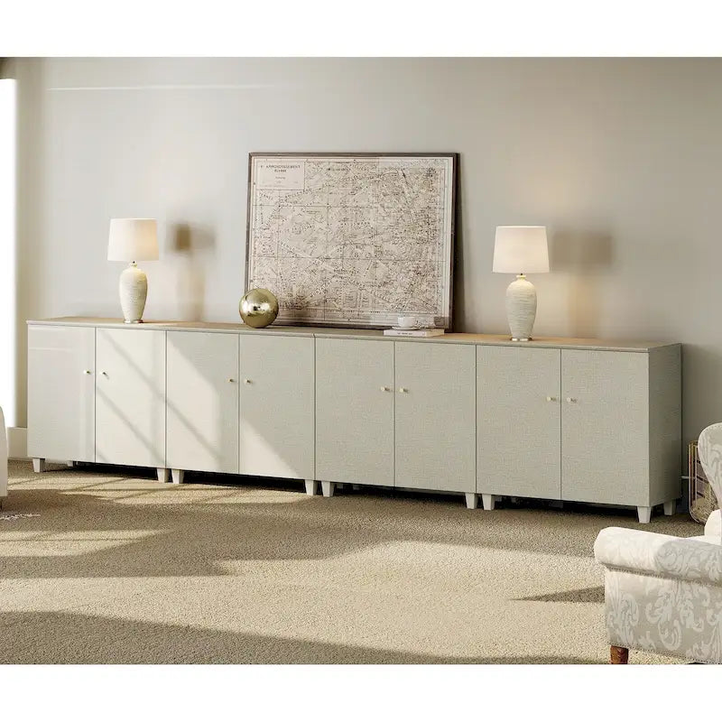 Tall TV Stand with Doors - Faux Linen Finish - 2 Cabinets