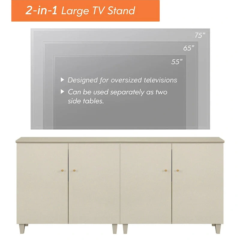 Tall TV Stand with Doors - Faux Linen Finish - 2 Cabinets