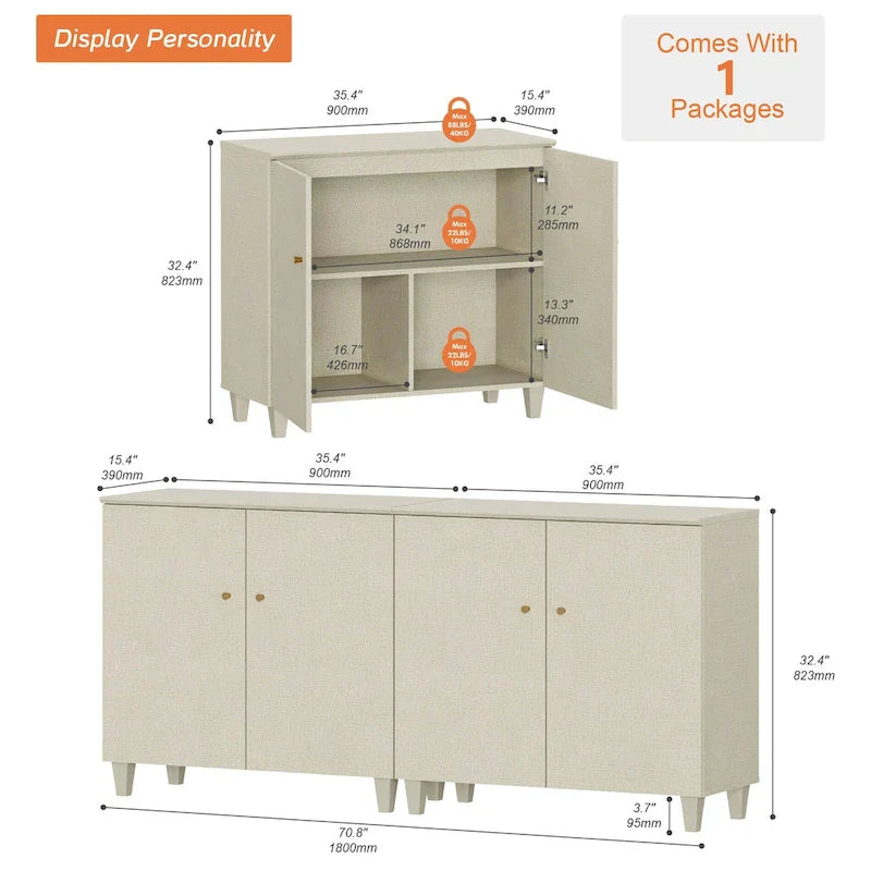 Tall TV Stand with Doors - Faux Linen Finish - 2 Cabinets