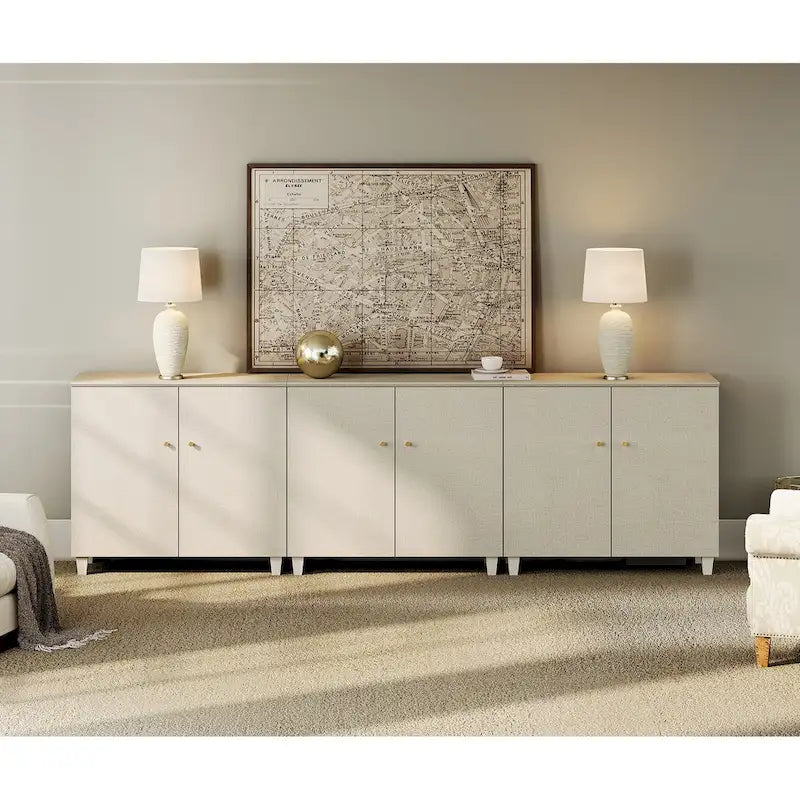 Tall TV Stand with Doors - Faux Linen Finish - 2 Cabinets