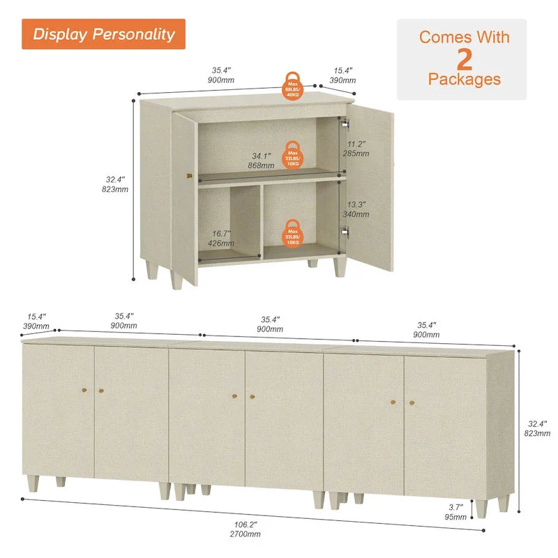 Tall TV Stand with Doors - Faux Linen Finish - 2 Cabinets