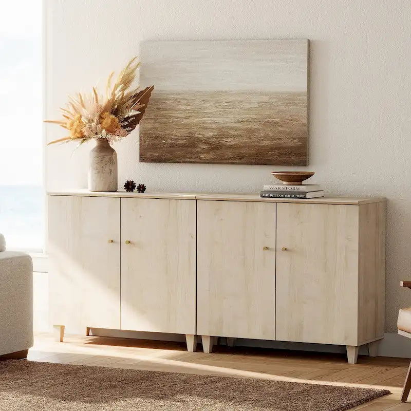 Tall TV Stand with Doors - Faux Linen Finish - 2 Cabinets