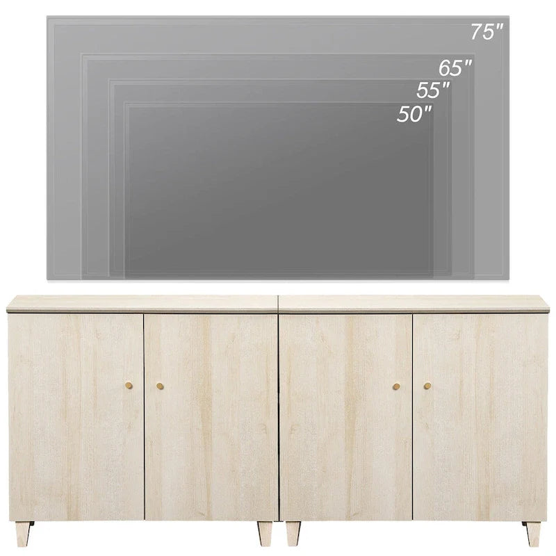 Tall TV Stand with Doors - Faux Linen Finish - 2 Cabinets