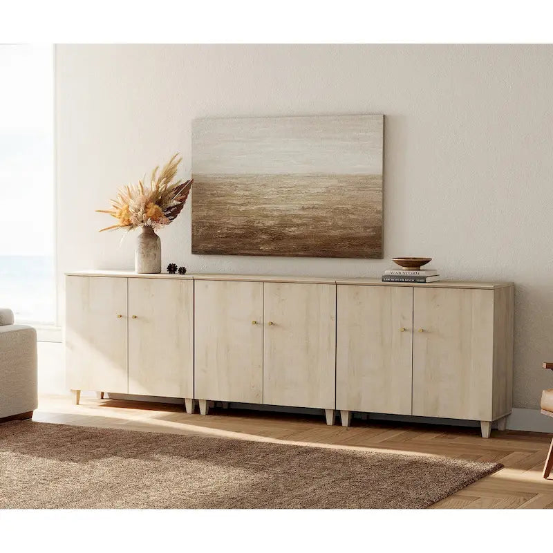 Tall TV Stand with Doors - Faux Linen Finish - 2 Cabinets