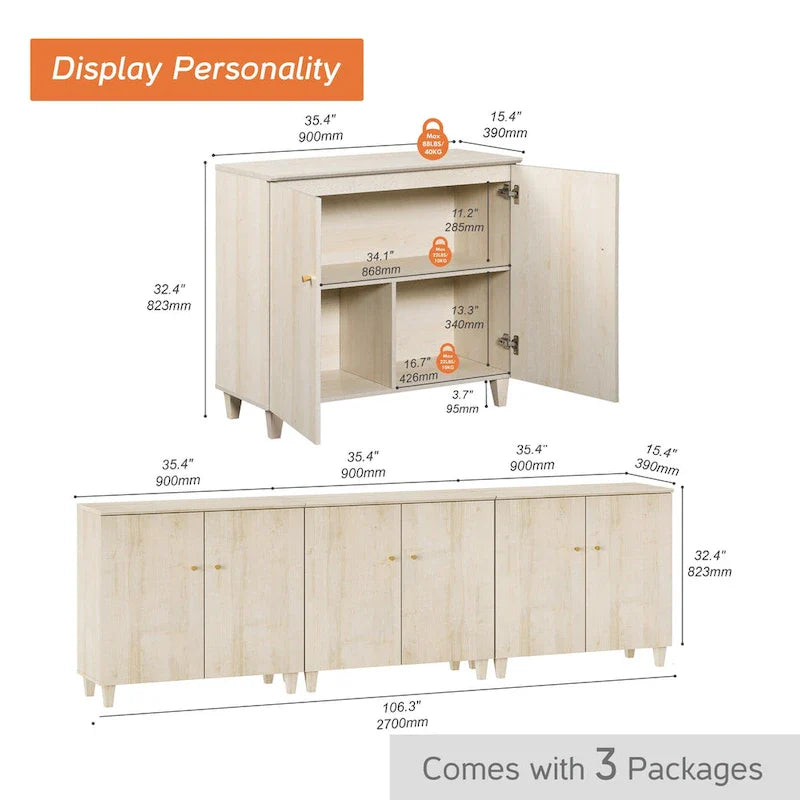 Tall TV Stand with Doors - Faux Linen Finish - 2 Cabinets
