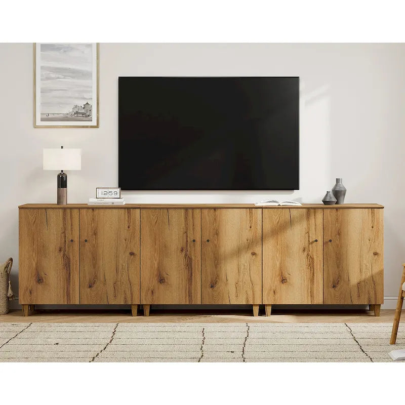Tall TV Stand with Doors - Faux Linen Finish - 2 Cabinets