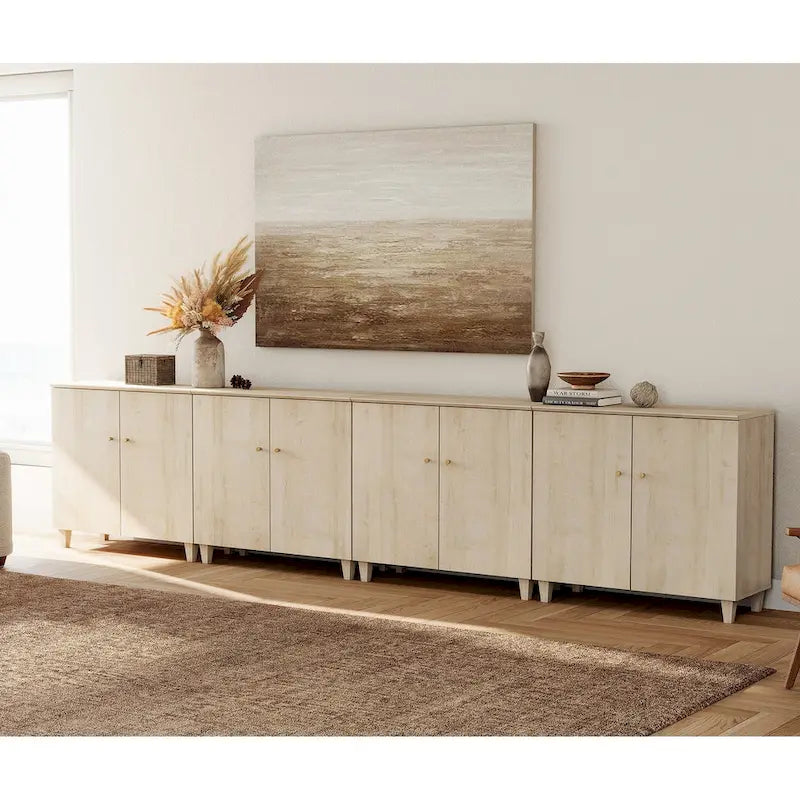 Tall TV Stand with Doors - Faux Linen Finish - 2 Cabinets