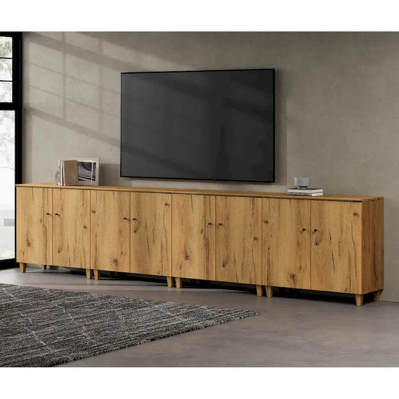 Tall TV Stand with Doors - Faux Linen Finish - 2 Cabinets