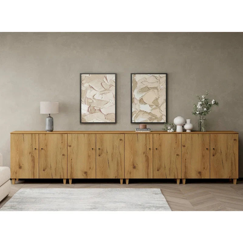 Tall TV Stand with Doors - Faux Linen Finish - 2 Cabinets