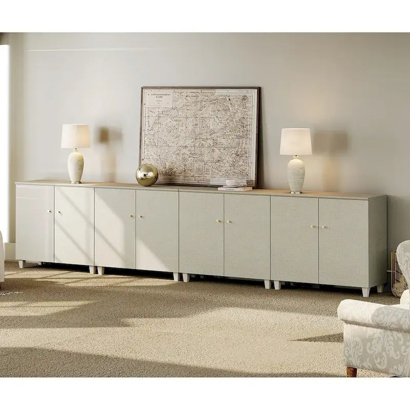 Tall TV Stand with Doors - Faux Linen Finish - 2 Cabinets